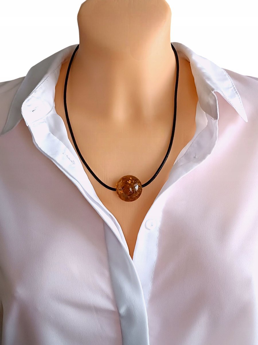 Naszyjnik bursztyn jasny koniakowy miodowy kula 25mm rzemyk srebro 925