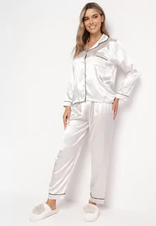 Piżamy damskie - Biały Satynowy Komplet Piżamowy z Koszulą i Spodniami Teusia - grafika 1