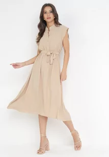 Beżowa Midi Sukienka Zapinana na Guziki z Wiązanym Paskiem Alyssama - Sukienki - miniaturka - grafika 1