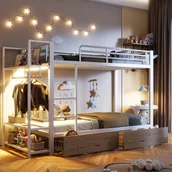 Łóżka dla dzieci i młodzieży - Łóżko piętrowe 2 x 90 x 200 cm z 2 szufladami, półkami i szafą - Rama żelazna - Diody LED - Białe (Materace nie są dołączone) - miniaturka - grafika 1