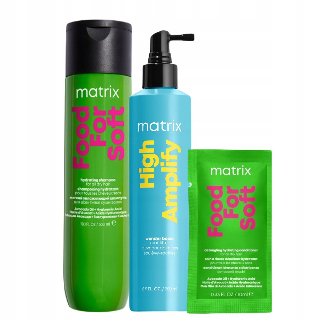 Matrix Food For Soft Szampon nawilżający, High Amplify Spray do włosów