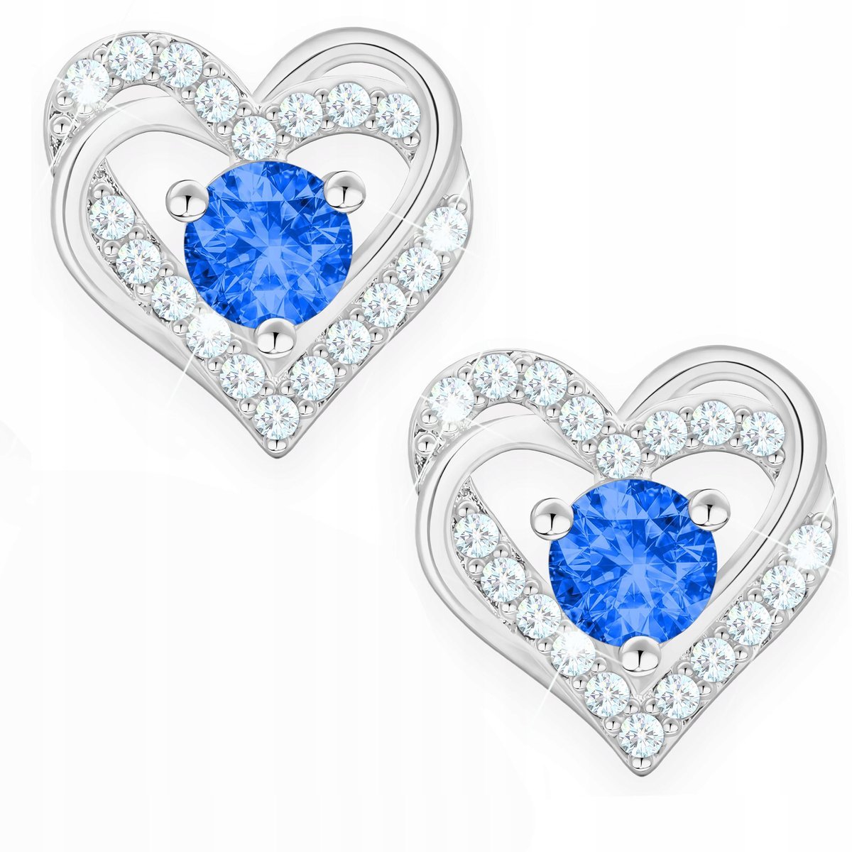Kolczyki Srebrne Serca z Niebieskim Oczkiem Cyrkonie Serduszka SREBRO 925