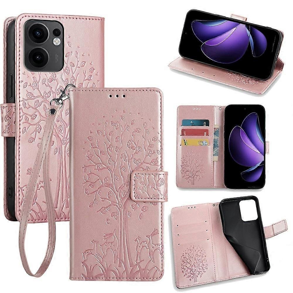 Dla Oppo Reno13 F 5G / 4G Case PU Skórzany portfel Pokrowiec na telefon Drzewo Jeleń z nadrukiem Wielobarwny Rose Gold