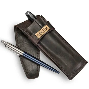 Skórzane etui na długopisy, pióro SOLIER SA12 ciemnobrązowe - Etui na długopisy i pióra - miniaturka - grafika 1