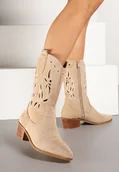 Botki damskie - Beżowe Ażurowe Botki Vices na Obcasie w Stylu Kowbojek Helori - miniaturka - grafika 1