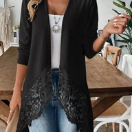 Swetry damskie - TEMU Elegancki Damski Kardigan z Asymetrycznym Dołem i Koronkowym Wykończeniem w Kolorze Czarno-Białym – Długi Rękaw, Zapinany na Guziki, Kurtka - miniaturka - grafika 1