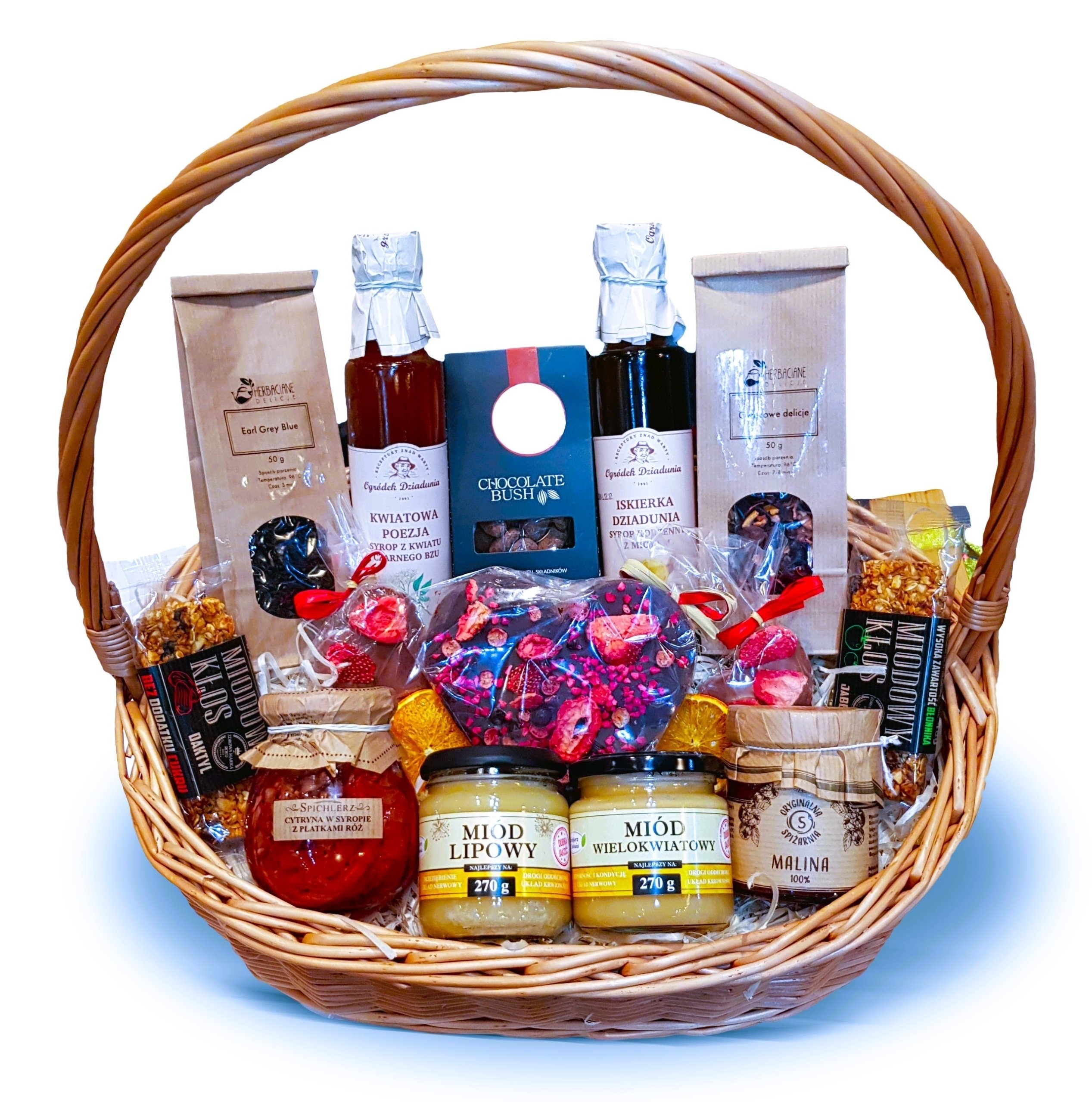 Kosz Prezentowy Miód Smakołyki Herbata Czekolada Pyszności
