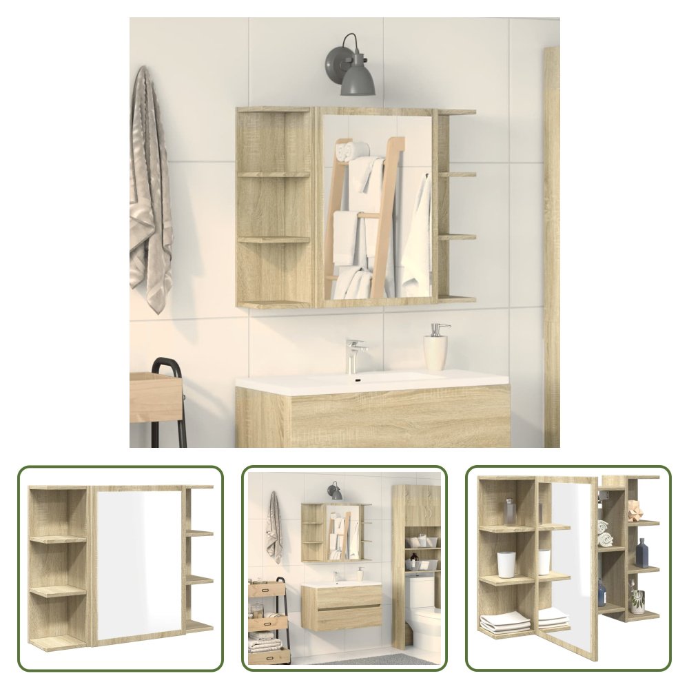 The Living Store Szafka łazienkowa z lustrem dąb sonoma 80x20,5x64 cm Materiał drewnopochodny