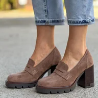 Mokasyny damskie - Beżowe zamszowe półbuty damskie, mokasyny na słupku Vinceza 58105 - miniaturka - grafika 1