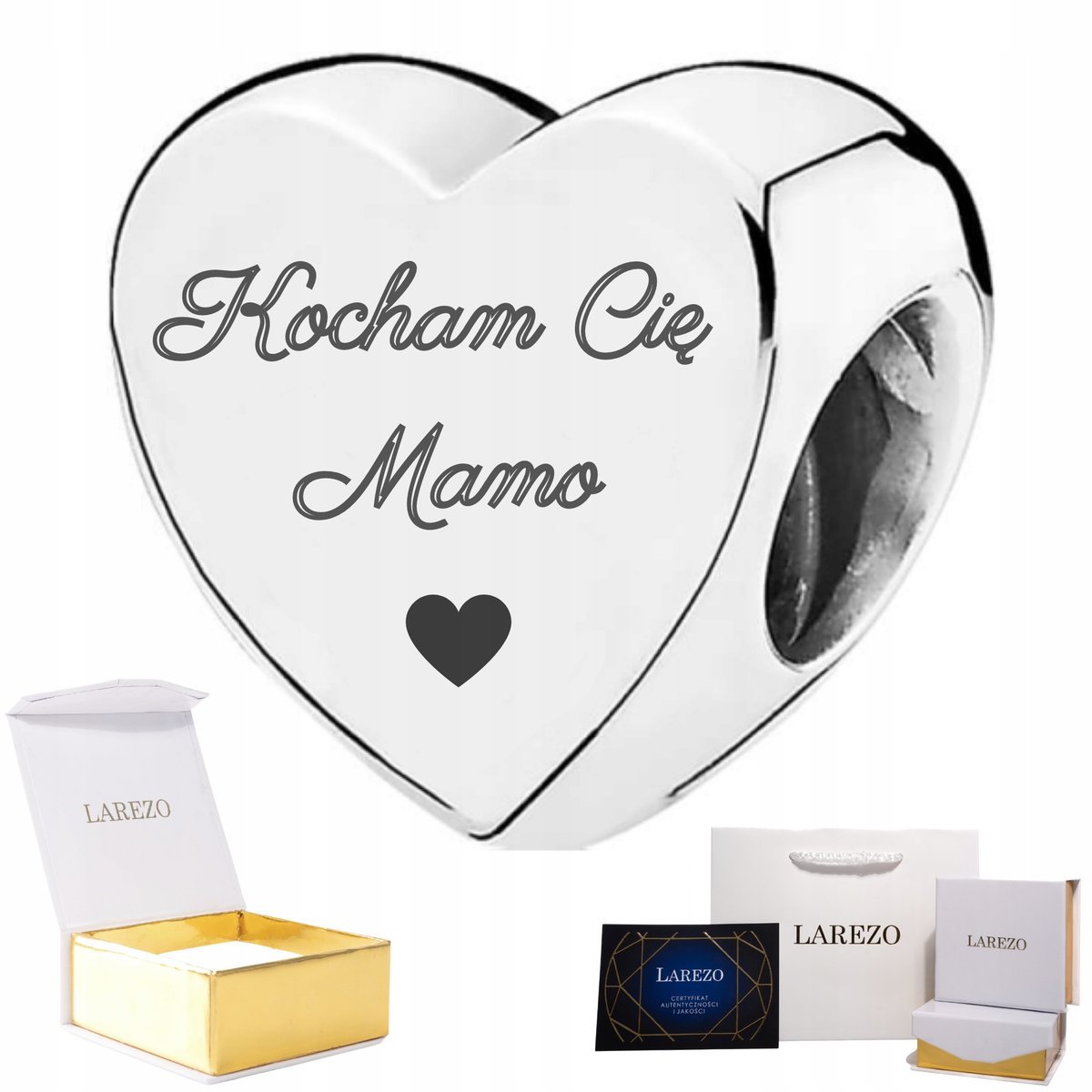 Charms Srebrny Serce Grawerem KOCHAM CIĘ MAMUSIU SREBRO 925 + GRAWER