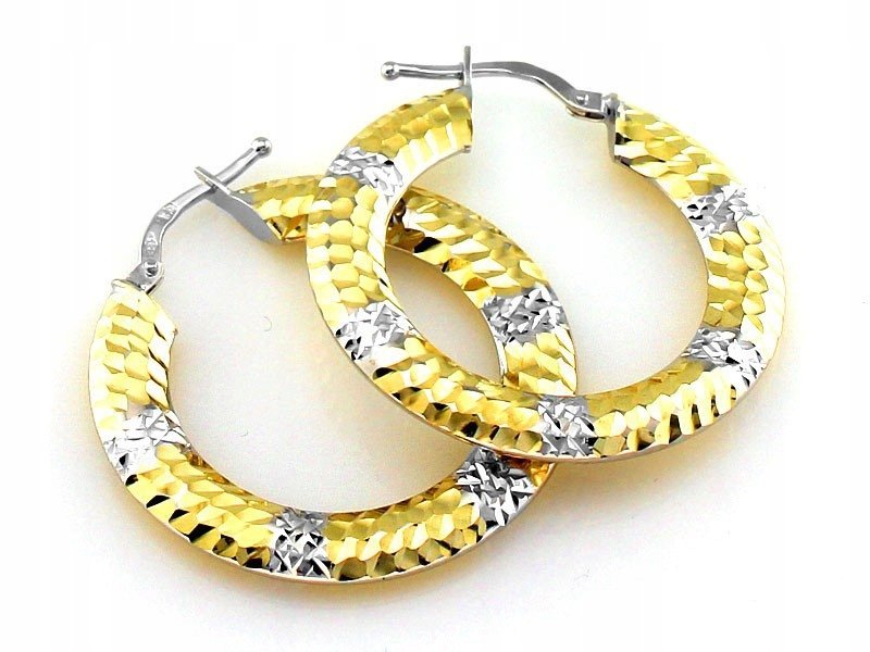 Nowoczesne złote dwukolorowe kolczyki 585 diamentowane koła angielskie 14kt