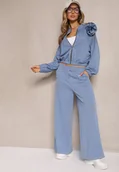 Komplety damskie - Niebieski Komplet Dresowy z Wiskozą Spodnie o Szerokim Kroju i Bluza z Broszką Redaella - miniaturka - grafika 1