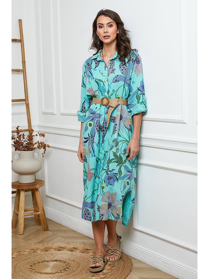 Fleur de Lin Lniana sukienka w kolorze turkusowym