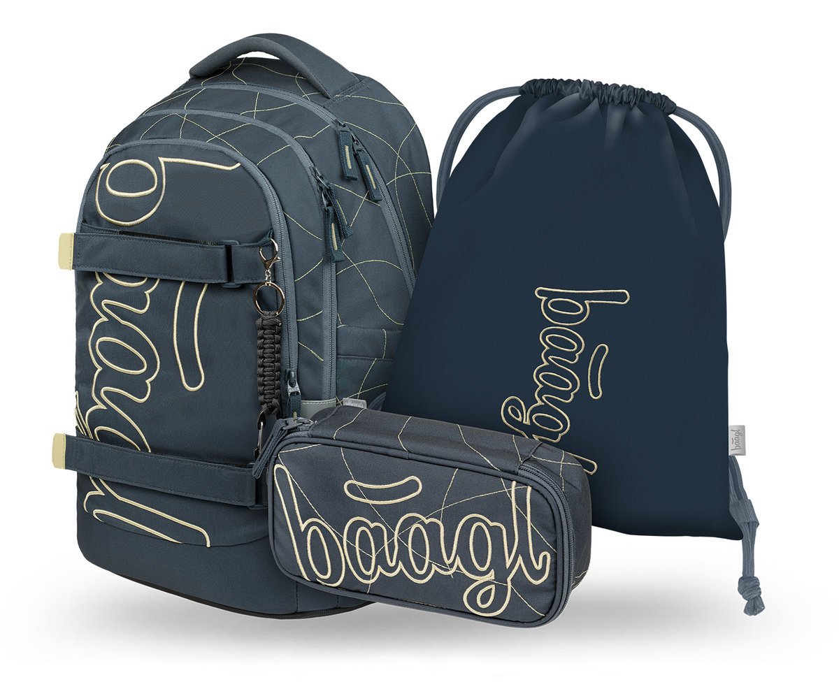BAAGL Zestaw Szkolny 3w1 Plecak Ergonomiczny Skate Max Wave Niebieski z kieszenią na laptopa 31L + Piórnik + Worek