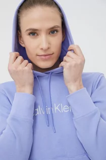 Bluzy damskie - Calvin Klein Performance Performance bluza dresowa CK Essentials damska kolor fioletowy z kapturem z nadrukiem - grafika 1