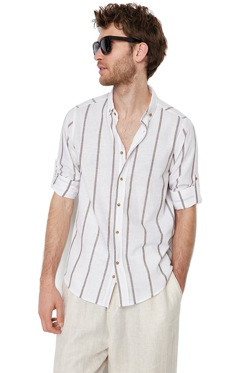 TRENDYOL MAN MĘSKA KOSZULA CASUAL BIAŁA W PASKI Z DŁUGIM RĘKAWEM L 5DA