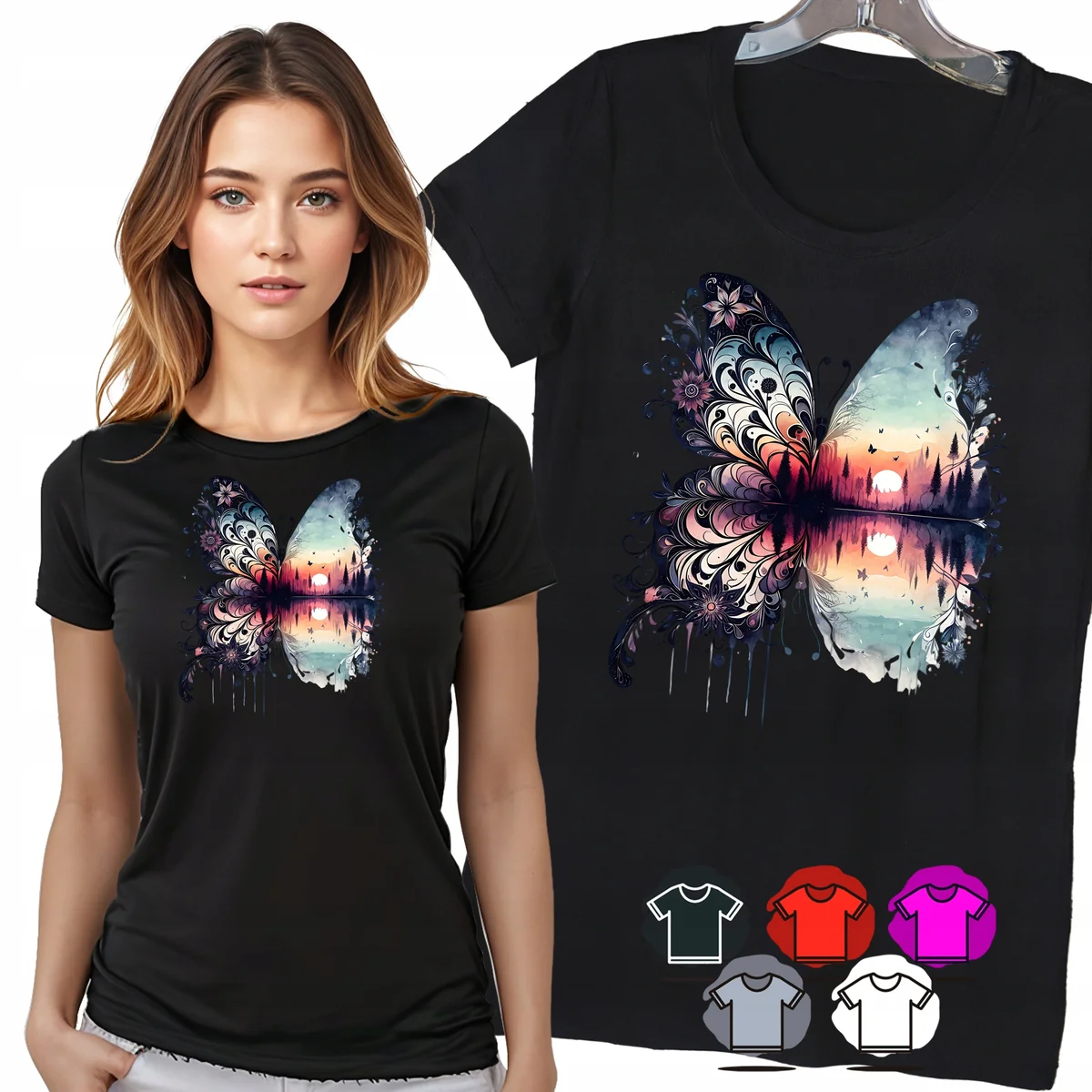 KOSZULKA DAMSKA T-SHIRT - MOTYL KWIATY I JEZIORO KOLOROWY WIDOK WZÓR - L