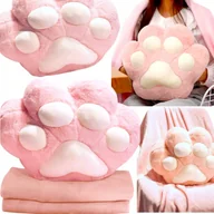 Koce i narzuty dla dzieci - DUŻA MIĘKKA PLUSZOWA PODUSZKA KOCIA ŁAPKA Z KOCEM 3w1 OGRZEWACZ DO RĄK 40CM - miniaturka - grafika 1