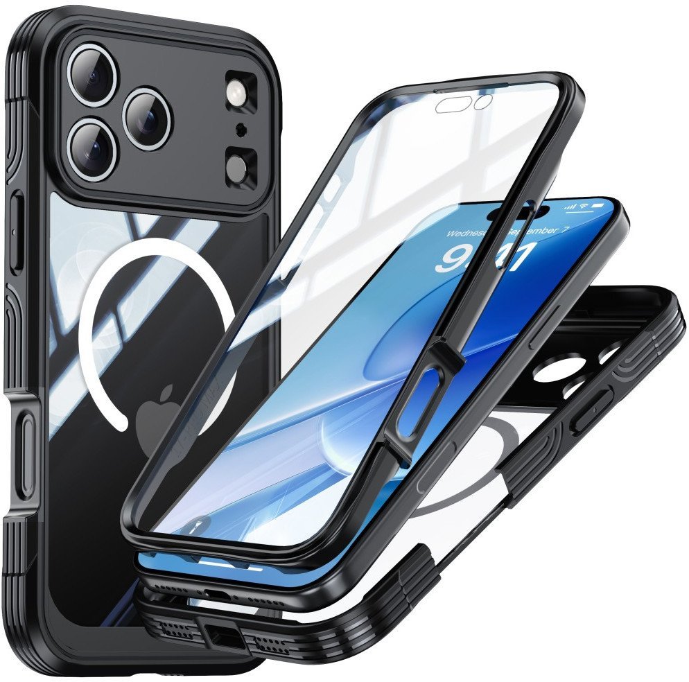 Etui pancerne 360 Supero MagSafe do iPhone 17 Pro Max, czarno-przezroczyste