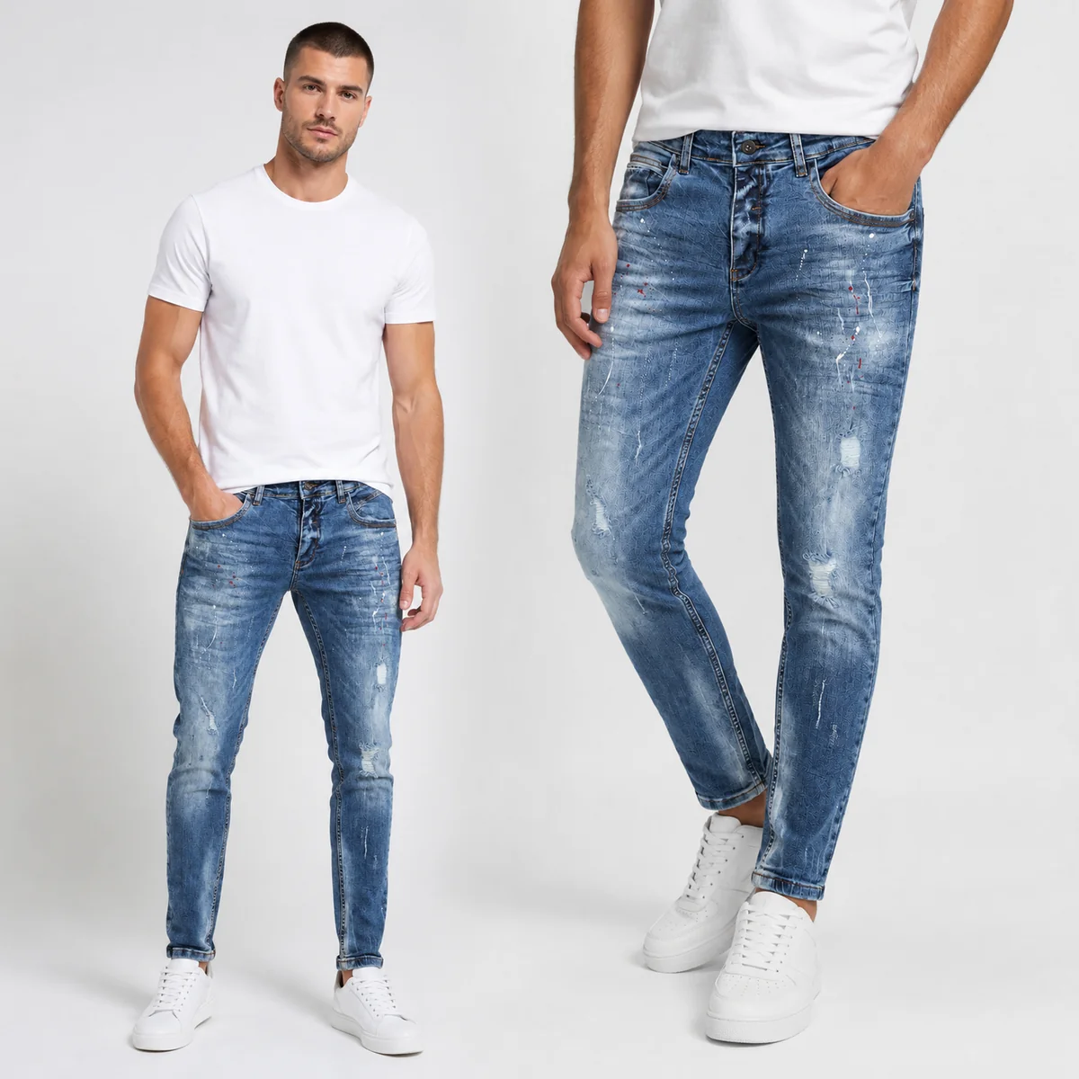 Jeansy Męskie Skinny Fit KZR Przecierane Spodnie Jeansowe Niebieskie W30 L32