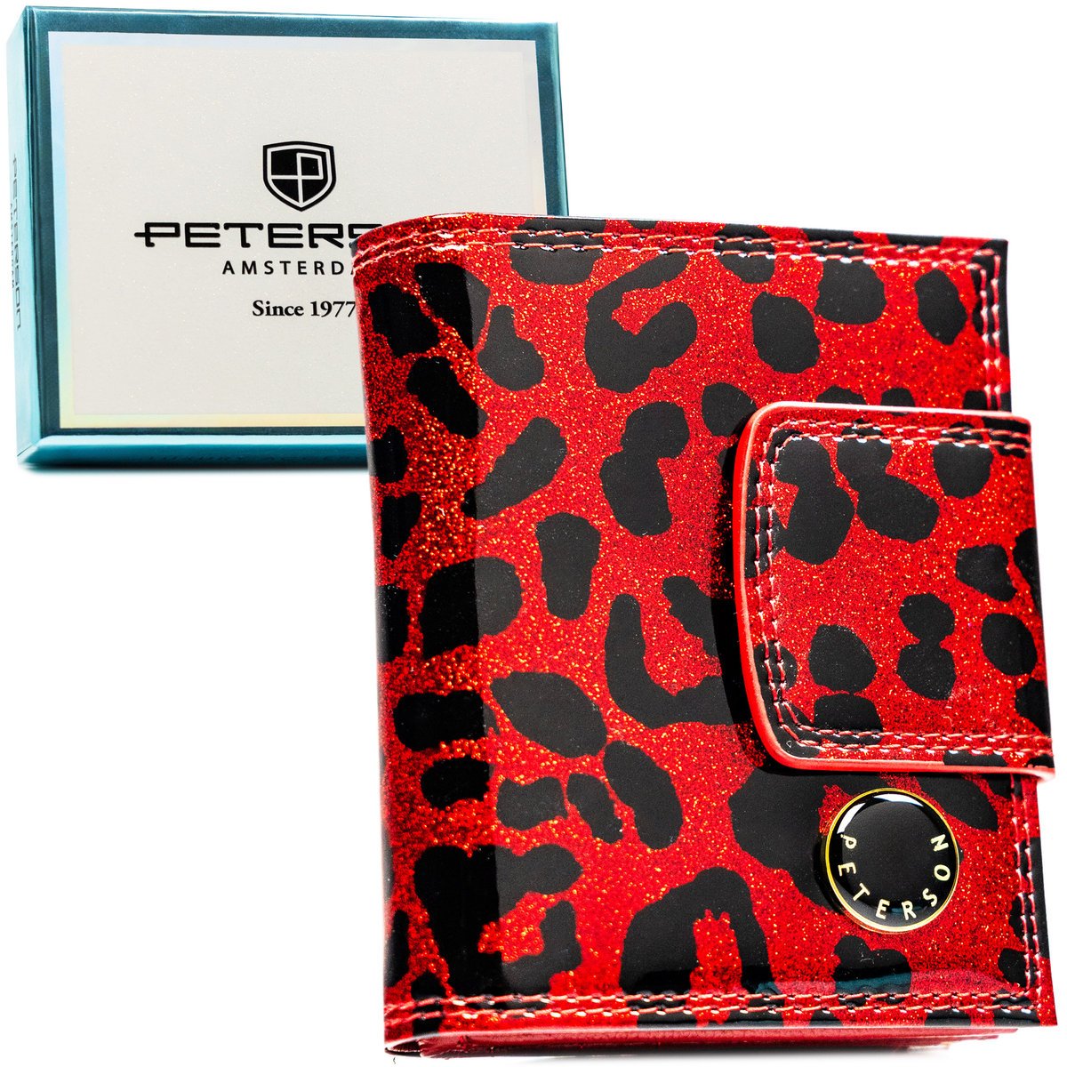 Mały portfel damski skórzany PETERSON elegancki na zatrzask i bigiel lakierowany modny prezent ochrona RFID czerwony