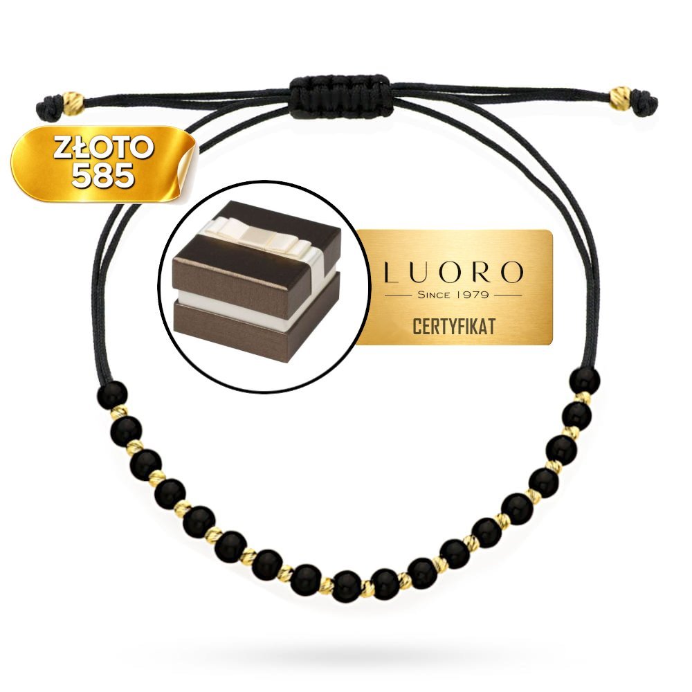 BRANSOLETKA ZŁOTA 585 14K KULKI DIAMENTOWANE CZARNE SZNUREK REGULOWANA 14 CM