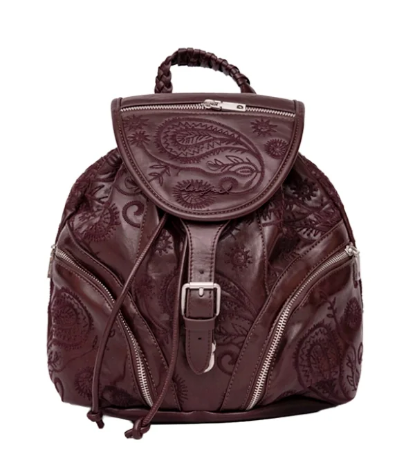 Desigual bordowy plecak damski haftowany paisley z 5 kieszeniami