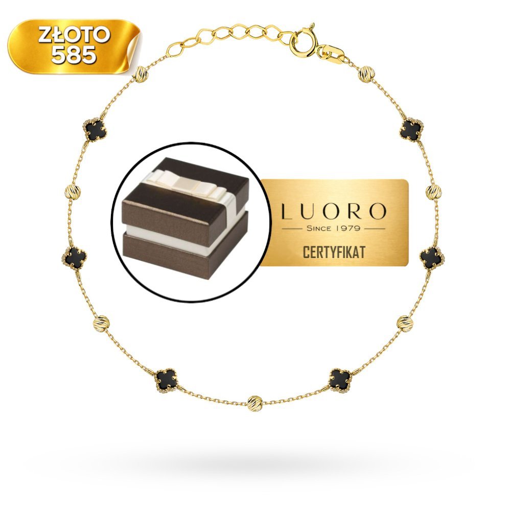 BRANSOLETKA ZŁOTA 585 14K CZARNE KONICZYNKI DIAMENTOWANE KULKI 17 CM REGULOWANA