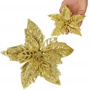 Ozdoby bożonarodzeniowe - Poinsecja, sztuczny kwiat 13 cm gwiazda betlejemska złota z brokatem - miniaturka - grafika 1
