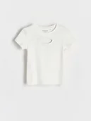 Koszulki dla dziewczynek - Reserved - Prążkowany t-shirt z wycięciem - złamana biel - miniaturka - grafika 1
