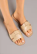 Klapki i japonki damskie - Ciemnobeżowe Klapki z Przeplataną Cholewką i Kwadratowym Noskiem Redirace - miniaturka - grafika 1