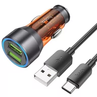 Akcesoria do smartwatchy - HOCO ładowarka samochodowa 2 x USB QC 3.0 18W + kabel USB do Typ C NZ12 transpatentny pomarańczowy - miniaturka - grafika 1