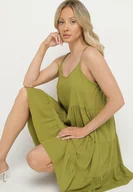 Sukienki - Zielona Rozkloszowana Sukienka z Bawełny na Ramiączkach z Falbanami Lilivane - miniaturka - grafika 1