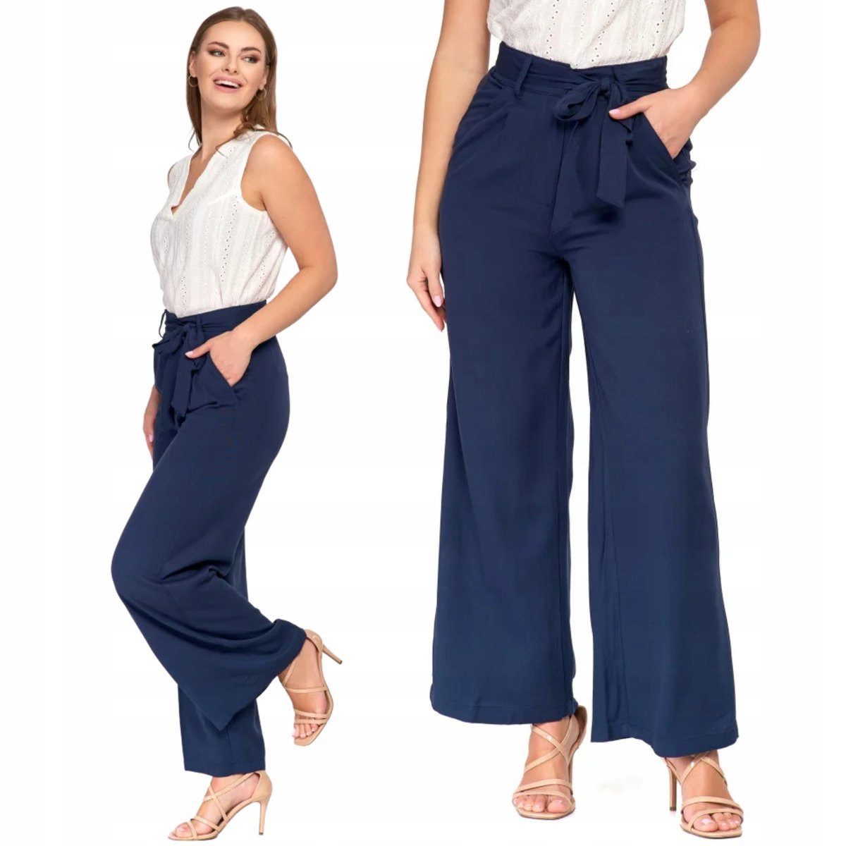 SPODNIE SZEROKIE DAMSKIE Z WYSOKIM STANEM ELEGANCKIE WISKOZA MORAJ M NAVY