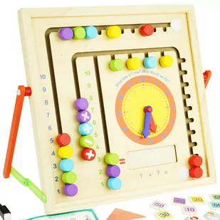Dwustronna sensoryczna drewniana tablica edukacyjna z zegarem 4w1 - Klocki - miniaturka - grafika 1
