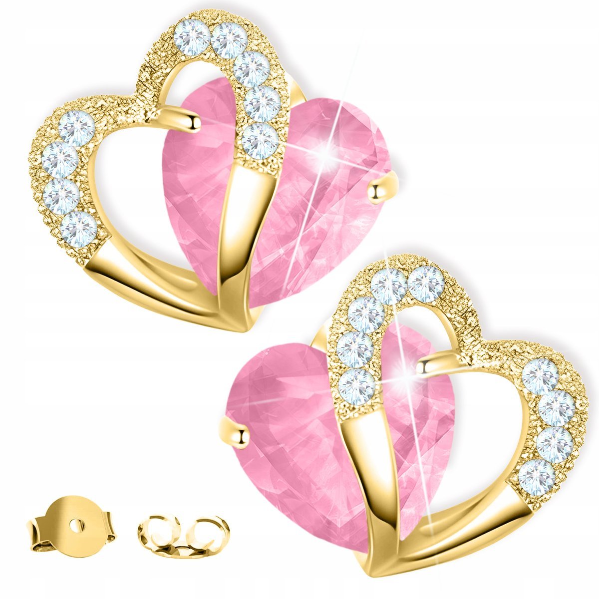 Złote Kolczyki z Różowym Sercem Różowe Serca z Cyrkoniami Love SREBRO 925