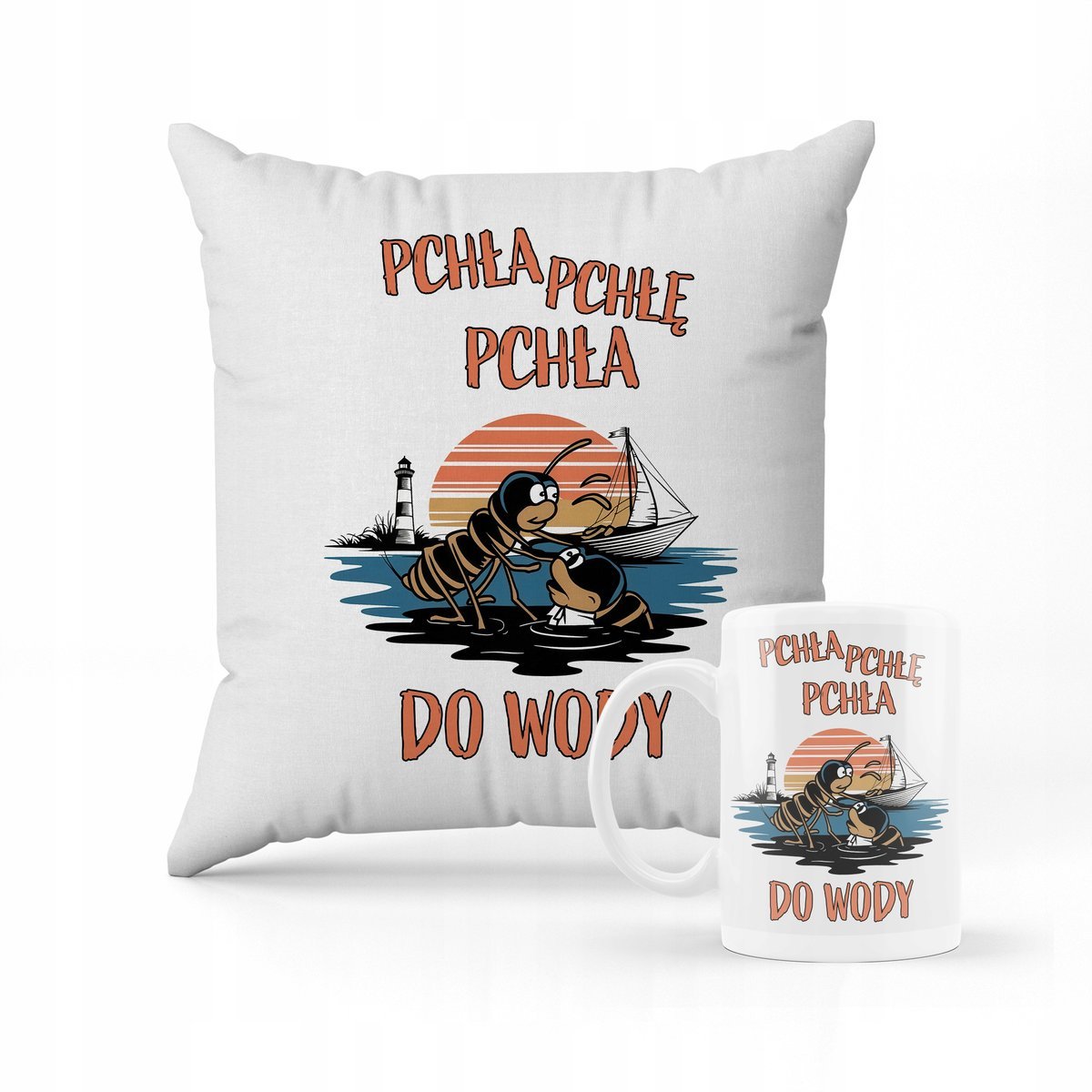 ZESTAW PODUSZKA + KUBEK PREZENT Pchła pchłę pchła do wody mem piosenka #2