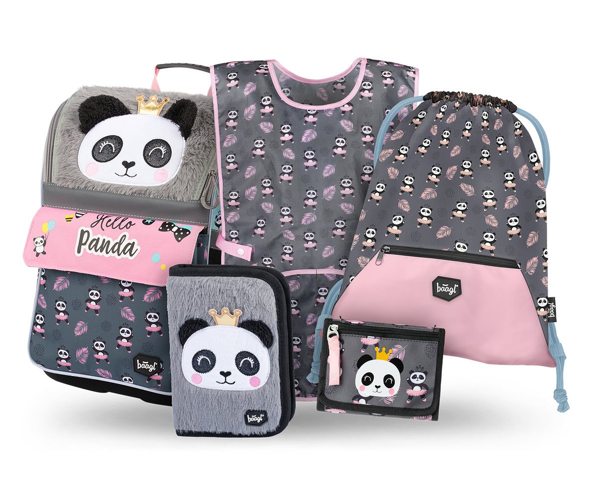 Zestaw Szkolny 5w1 BAAGL Tornister szkolny Zippy Panda Ergonomiczny 18L 28x37x17 cm Wielokolorowy dla dziewczynki + Piórnik, Worek na buty, Fartusze..