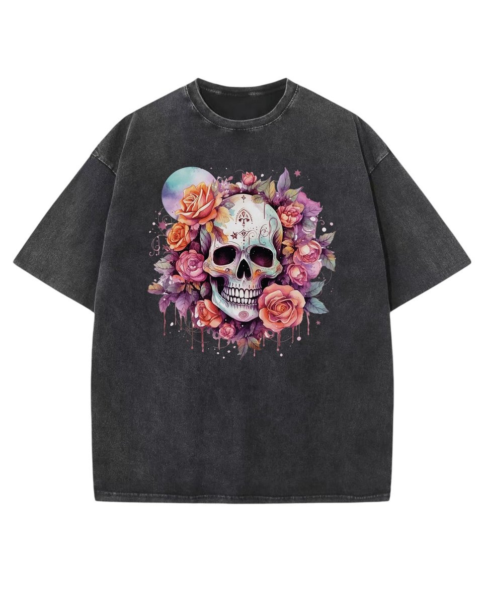 Damska koszulka oversize efekt sprania Czaszka w Różach Kwiaty Czarna XL