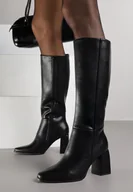 Kozaki damskie - Czarne Eleganckie Kozaki VICES do Kolana ze Skóry Naturalnej na Słupku Reivela - miniaturka - grafika 1