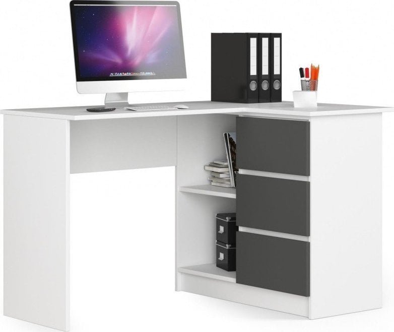 Biurko Fabryka Mebli Akord Biurko narożne B16 124 cm prawe 3 szuflady - białe-grafit szary