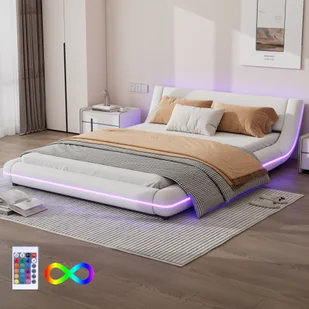 Łóżko tapicerowane Flieks 140x200cm z LED, podwójne łóżko młodzieżowe ze stelażem listwowym, klasyczne łóżko drewniane łóżko pływające łóżko podłogowe, PU, białe - Łóżka - miniaturka - grafika 1