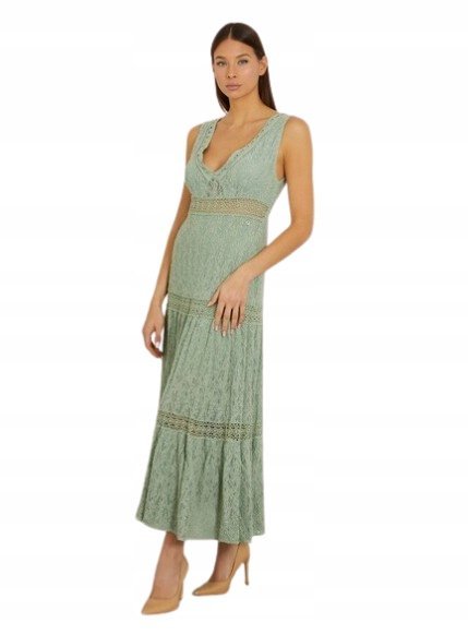 GUESS ZIELONA SUKIENKA MIDI Z AŻUROWYMI WSTAWKAMI NA RAMIĄCZKACH L GNA