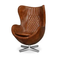 Fotele - Fotel Obrotowy Egg Jajo 77X85X111 Cm Brązowa Skóra Naturalna + Srebrne Nogi B 8176 - miniaturka - grafika 1