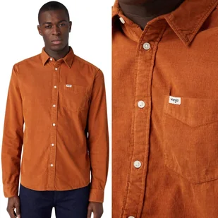 Wrangler 1 POCKET SHIRT Leather Brown REGULAR SZTRUKSOWA KOSZULA OCHRA M - Koszule męskie - miniaturka - grafika 1