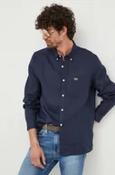 Koszule męskie - Lacoste koszula lniana kolor granatowy regular z kołnierzykiem button-down - miniaturka - grafika 1