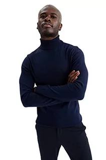 Koszulki męskie - DeFacto Męski sweter z dzianiny z długim rękawem, okrągły dekolt, slim fit dla mężczyzn, topy (granatowy, S), grantowy, S - grafika 1