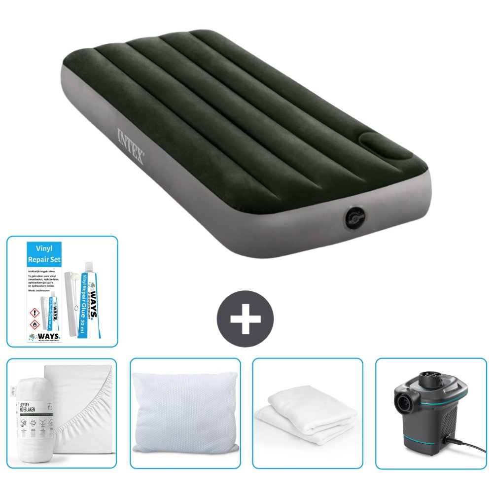 Dmuchane łóżko Intex - 1 osoba - 76 x 191 x 25 cm - zielone - prześcieradło - całowanie - pompka - zestaw naprawczy en ochraniacz na poduszkę
