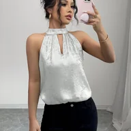 Koszule damskie - TEMU Glorelle Elegancka Bluzka Bez Rękawów z Odkrytymi Ramionami - Błyszczące Metaliczne Wykończenie, Stójka i Obcisły Dołek, Lekki Letni Top na - miniaturka - grafika 1