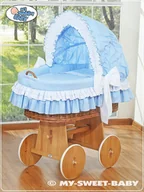 Łóżeczka i kojce - Kosz Mojżesza z budką- Bellamy naturalny + niebiesko-biała pościel - miniaturka - grafika 1